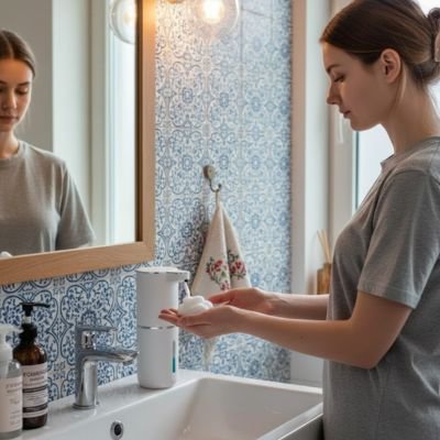 Distributeur de savon salle de bain automatique​ blanc rond