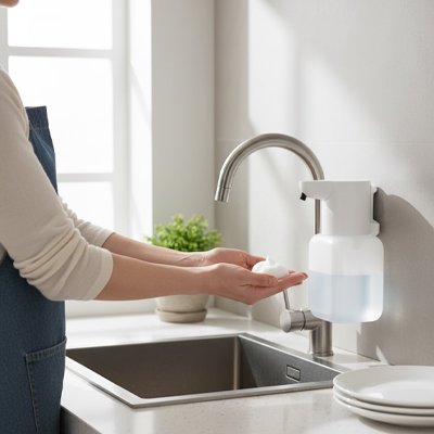 Distributeur savon mousse automatique ​Réservoir transparent Fixation murale adhésive