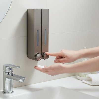 Distributeur savon salle de bain mural​ double avec indicateur de niveau gris 
