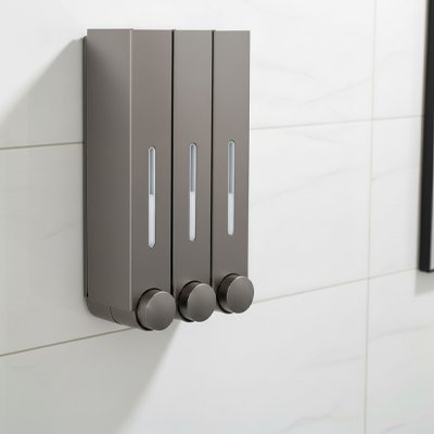 Distributeur savon salle de bain mural​ triple avec indicateur de niveau gris 