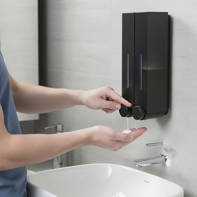 Distributeur savon salle de bain mural​ triple noir avec indicateur de niveau
