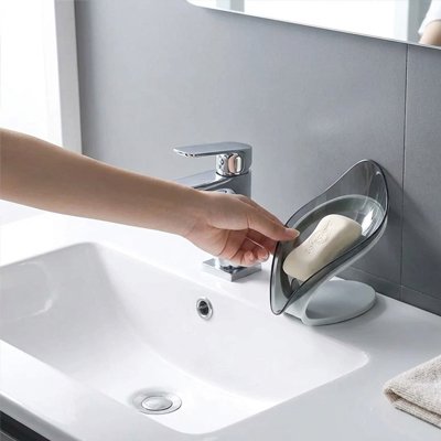 douche Porte savo, forme de feuille, socle gris antidérapant, conteneur détachable gris transparent