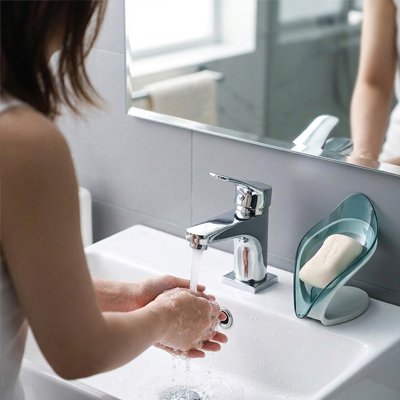 douche Porte savon conteneur détachable bleu transparent, forme de feuille, socle gris antidérapant,