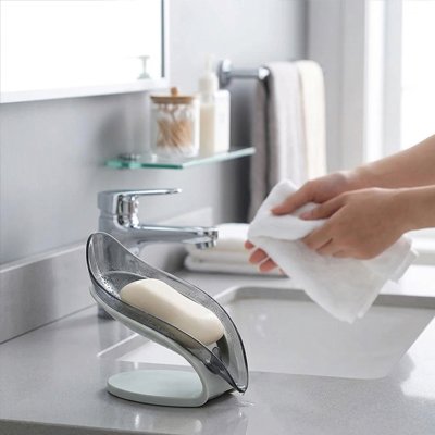 douche Porte savon socle gris antidérapant, conteneur détachable gris transparent, forme de feuille