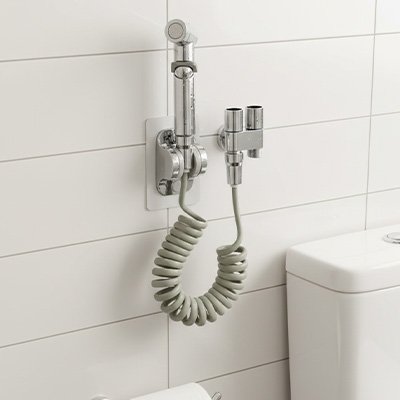 Douchette toilette gris, valve d'angle à double sortie, accessoires de toilette, tuyau extensible
