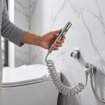 Douchette toilette tuyau extensible gris, poignée design, accroche rapide