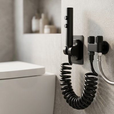 Douchette toilette tuyau extensible noir, poignée design, accroche rapide