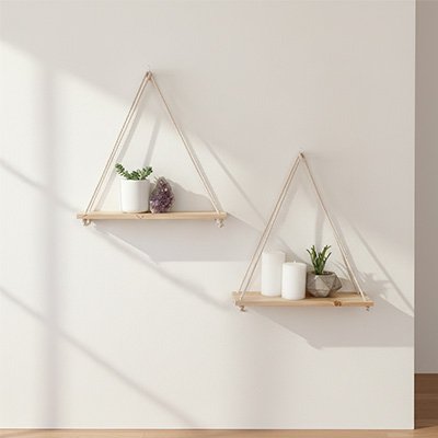 Etagère bois salle de bain beige, tablette en bois naturel maintenue par des cordes de chanvre ou de coton