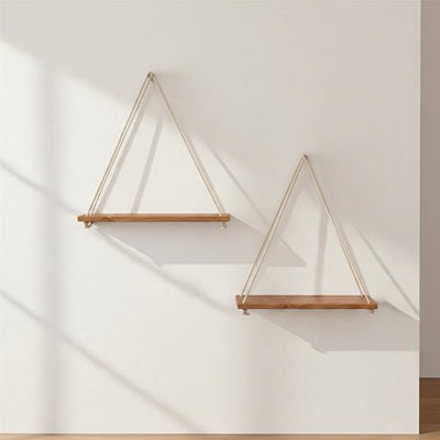 Etagère bois salle de bain, beige,tablette en bois naturel maintenue par des cordes de chanvre ou de coton 