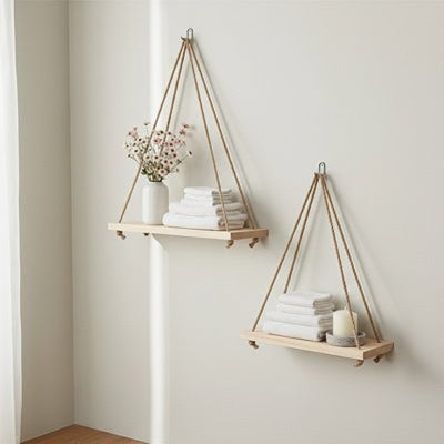 Etagère bois salle de bain décoration de style bohème et rustique, suspendue en corde de chanvre     