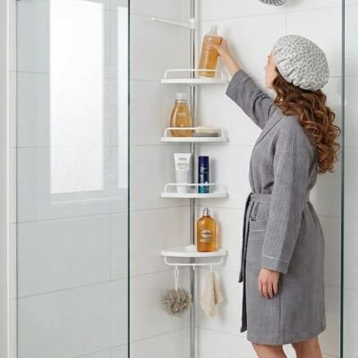 Étagère de douche blanche télescopique à plusieurs étages d'angle