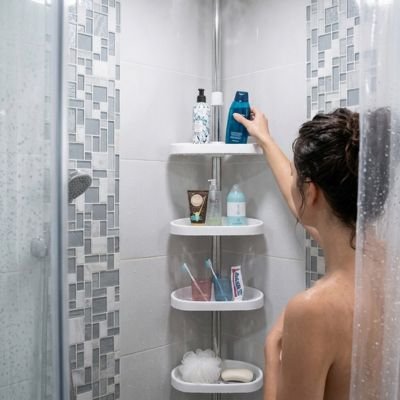 ETAGERE de douche blanche, télescopique, avec 4 étagères d'angle