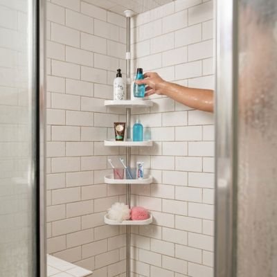 ETAGERE de douche télescopique d'angle, tige en acier couleur chrome, 4 étagères blanches