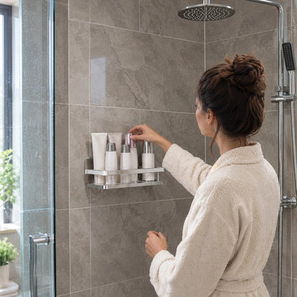 Etagere douche grise robuste et discrète sans perçage