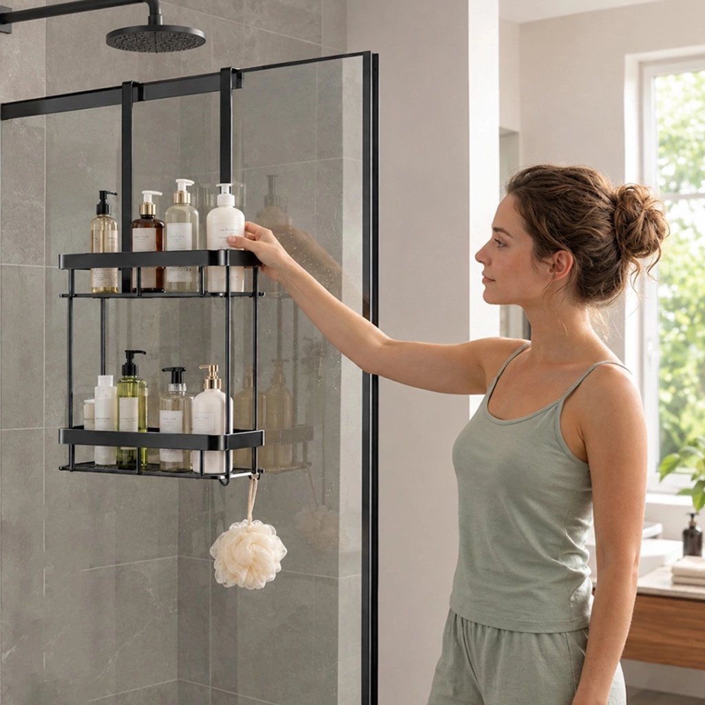 Etagere douche noir à 2 niveaux pour porte de salle de bain robuste