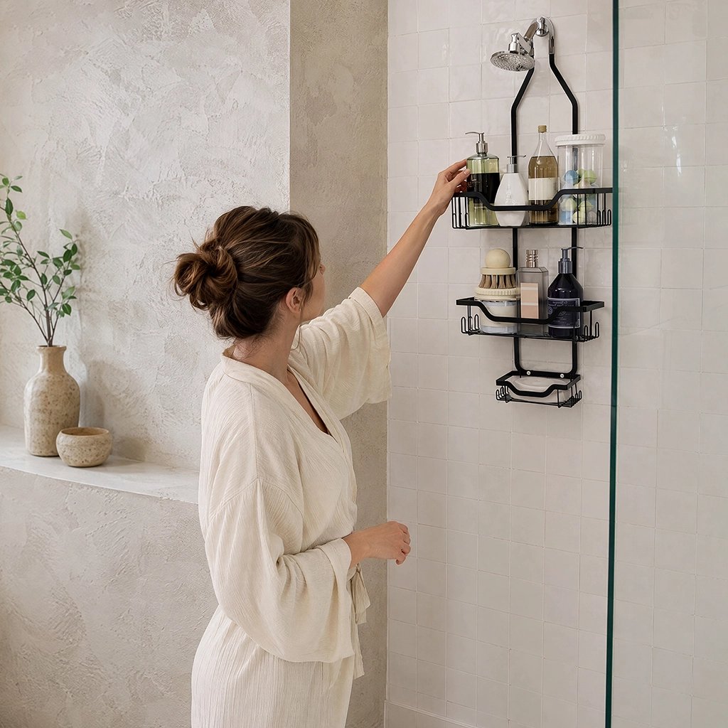Etagere douche utilisation murale noire à suspendre à 3 niveaux 