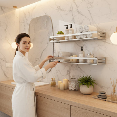 Étagère murale pour salle de bain avec fond ajouré pour l'évacuation de l'eau