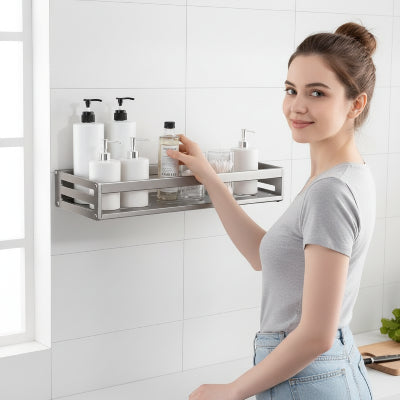 Étagère murale pour salle de bain en aluminium gris métal avec crochets de rangement