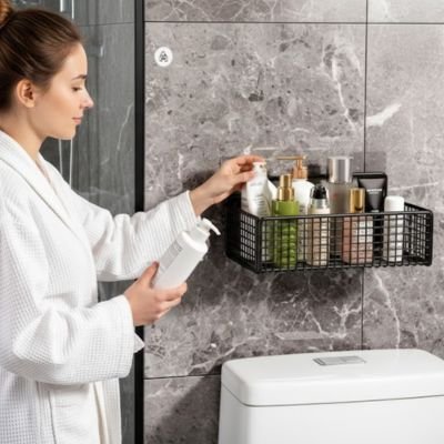 Étagère murale salle de bain en fer noir sans perçage
