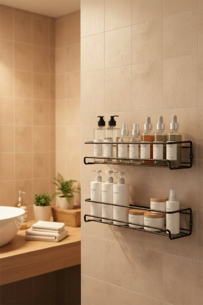Étagère murale salle de bain, en métal chromé pour résister à l'humidité, style minimaliste, structure en fil métallique