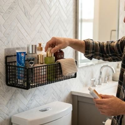 Étagère murale salle de bain grillagé noir sans perçage 