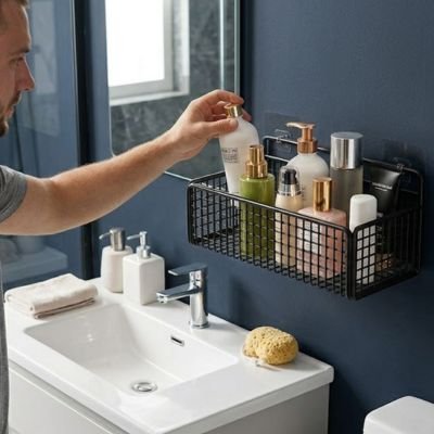 Étagère murale salle de bain noir sans perçage grillagé robuste et large 