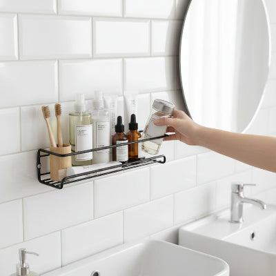 Étagère murale salle de bain, noir, style minimaliste, en métal pour résister à l'humidité,structure en fil métallique, 