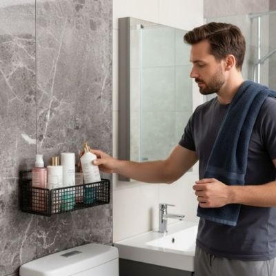 Étagère murale salle de bain solide en fer grand format multifonctionnel grillagé noir