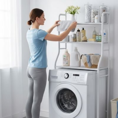 Étagère salle de bain blanche pour poser au dessus de la machine à laver, sur pieds solides