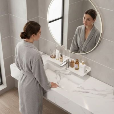 Étagère salle de bain blanche séparation pour robinet