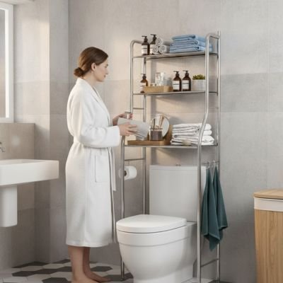 Etagere salle de bain chrome, multifonction sur pied pour aménager au dessus des toilettes, avec crochets