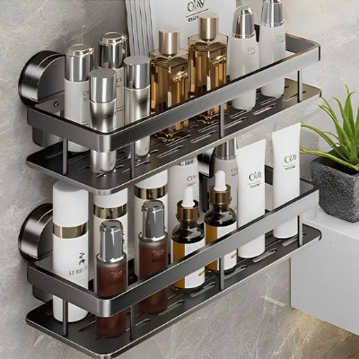 Etagère salle de bain gris foncé rectangulaire sans perceuse, ventouse, support suspendu en aluminium, organisateur 