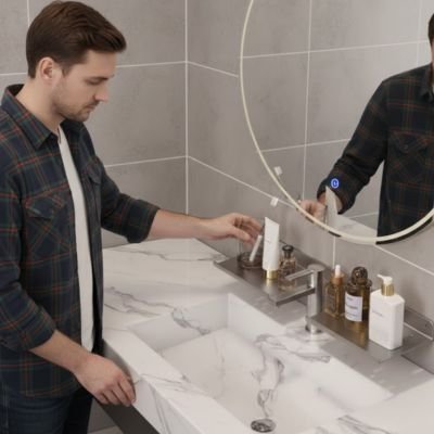 Étagère salle de bain grise séparation pour robinet 
