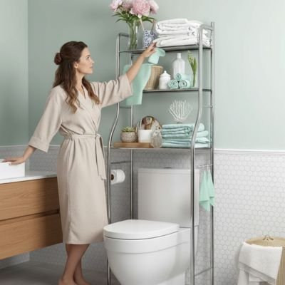 Etagere salle de bain multifonction sur pied pour aménager au dessus des toilettes, avec crochets, chrome  