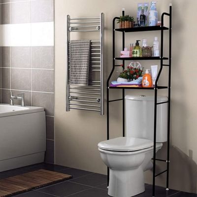 Etagere salle de bain multifonction sur pied pour aménager au dessus des toilettes, avec crochets, noire 