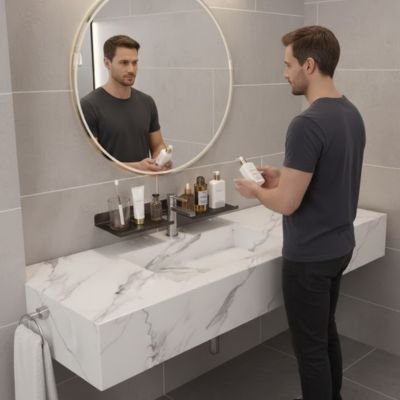 Étagère salle de bain noire séparation pour robinet