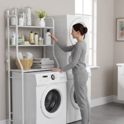 Étagère salle de bain pour poser au dessus de la machine à laver sur pied, blanche