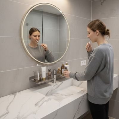 Étagère salle de bain sans perçage blanche design séparation pour robinet