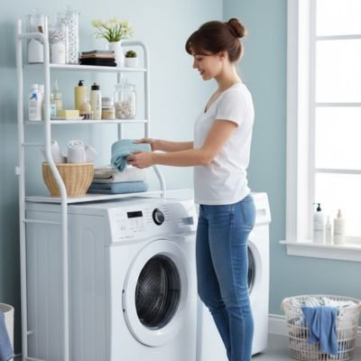Étagère salle de bain solide blanche pour poser au dessus de la machine à laver, sur pied