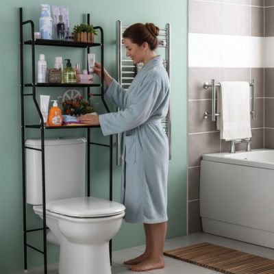 Etagere salle de bain sur pied pour aménager les toilettes, avec crochets, noire 