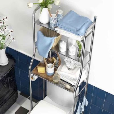 Etagere salle de bain sur pied pour aménager les toilettes, avec crochets, chrome