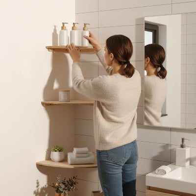 étagères en bois salle de bain ,d'angle robustes et belles peu encombrantes     