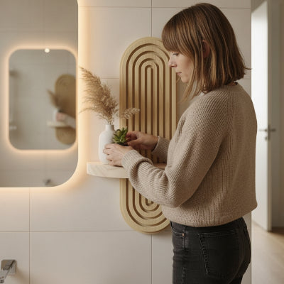 étagères en bois salle de bain, murales géométriques, Style bohème 
