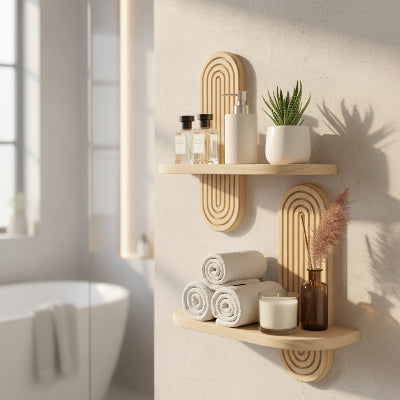 étagères en bois salle de bain murales géométriques, tablette en demi cercle, style bohême