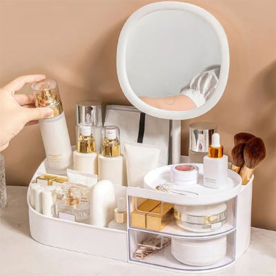 maquillage organisateur blanc, avec un grand miroir rond 