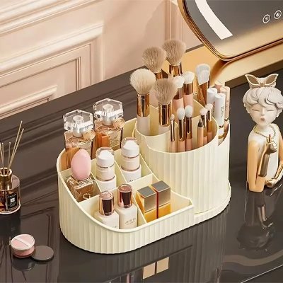 Organisateur de maquillage, crème, rotatif avec porte-brosse, grand rangement de cosmétiques rotatif 