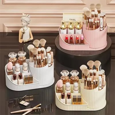 Organisateur de maquillage rotatif avec porte-brosse, grand rangement de cosmétiques rotatif 