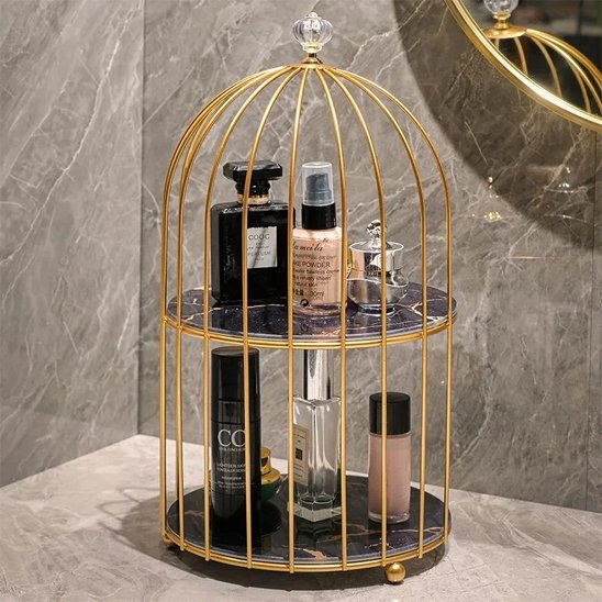 Organisateur maquillage 2 étages noirs, surface métallique design élégant style cage à oiseau dorée 
