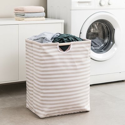 Panier à linge beige, robuste avec poignée en bois 