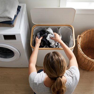 Panier à linge blanc avec femme triant le linge 